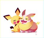  &gt;_&lt; closed_eyes commentary_request fangs gen_2_pokemon gen_8_pokemon happy highres no_humans open_mouth pichu pokemon pokemon_(creature) simple_background toes tongue tongue_out white_background yamper yorita_genyu 