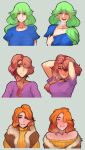  3girls blue_shirt blush breasts brown_eyes brown_hair caroline_(stardew_valley) cleavage coat dirty green_eyes green_hair hair_down hair_ornament hair_scrunchie highres jodi_(stardew_valley) large_breasts long_hair looking_at_viewer married mature_female medium_breasts motherly multiple_girls orange_hair ponytail pov purple_shirt robin_(stardew_valley) scathegrapes scrunchie shirt stardew_valley steam sweater turtleneck turtleneck_sweater yellow_sweater 