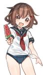  1girl anchor_symbol black_sailor_collar blue_swimsuit brown_eyes brown_hair fang food hair_ornament hairclip highres ikazuchi_(kancolle) kantai_collection kaomoji_(sagor00237) looking_at_viewer neckerchief no_pants popsicle red_neckwear sailor_collar sailor_shirt school_swimsuit school_uniform serafuku shirt short_hair simple_background skin_fang solo standing swimsuit swimsuit_under_clothes tied_shirt watermelon_bar wet wet_clothes wet_swimsuit white_background 