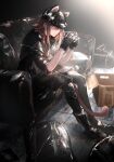  1girl animal_ear_headwear animal_ears arknights ash_(rainbow_six_siege) ash_(rangers)_(rainbow_six_siege) black_gloves black_headwear cat_ears cat_girl cat_tail couch fingerless_gloves gloves hat highres nanaponi official_alternate_costume rainbow_six_siege red_eyes red_hair short_hair sitting solo tail 