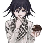  1boy bangs black_hair blush checkered checkered_neckwear checkered_scarf danganronpa_(series) danganronpa_v3:_killing_harmony doughnut finger_to_mouth finger_to_tongue food grey_background hair_between_eyes holding long_sleeves looking_at_viewer male_focus mori_(qqrocgetpxtrykr) ouma_kokichi purple_eyes scarf simple_background smile solo tongue tongue_out upper_body 