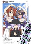  3girls animal_ears black_headwear blue_eyes blue_hair bow bowtie brown_hair closed_eyes commentary_request daitaku_helios_(umamusume) eyebrows_visible_through_hair fang finger_heart fingernails hachiman_(douno) hair_ornament hairclip heart heart_arms_duo highres horse_ears horse_girl horseshoe_ornament instagram instagram_username long_sleeves mejiro_family_matriarch mejiro_palmer_(umamusume) multicolored_hair multiple_girls no_eyes old old_woman one_eye_closed partial_commentary pleated_skirt pose puffy_short_sleeves puffy_sleeves purple_bow purple_hair purple_shirt sailor_collar sailor_shirt school_uniform shaded_face shirt short_sleeves skirt star_(symbol) star_hair_ornament streaked_hair tracen_school_uniform translated two-tone_hair umamusume wavy_hair white_skirt 
