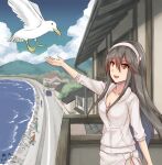  1girl anatamo balcony bird black_hair blue_sky breasts brown_eyes character_name cleavage cloud commentary_request dated day hair_ornament hairband hairclip haruna_(kancolle) headgear house jacket kantai_collection long_hair medium_breasts one-hour_drawing_challenge outdoors road sarong seagull sky white_jacket white_sarong 