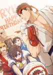  2girls 3boys bald bare_shoulders boxing_gloves brown_hair cake chun-li dougi eyepatch falling fingerless_gloves food gloves hair_bun happy_birthday headband highres holding holding_cake holding_food kasugano_sakura ken_masters large_pectorals male_cleavage multiple_boys multiple_girls muscular muscular_male pectorals rope ryu_(street_fighter) sagat school_uniform serafuku shirt short_hair sideburns sleeveless street_fighter sweatdrop torn_clothes torn_shirt upper_body yuiofire 