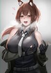  1girl :d animal_ear_fluff animal_ears arknights bangs bare_shoulders belt between_breasts black_gloves black_shirt blush breasts brown_eyes brown_hair coat collared_shirt commentary covered_nipples english_commentary eyebrows_visible_through_hair fox_ears franka_(arknights) gloves gradient gradient_background green_coat grey_background heart heavy_breathing highres krirk large_breasts long_hair long_sleeves looking_at_viewer necktie necktie_between_breasts nose_blush off_shoulder open_clothes open_coat open_mouth partially_fingerless_gloves ponytail self_fondle shirt sidelocks smile solo upper_body white_neckwear 