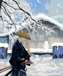  1boy branch closed_eyes eating feleven food green_hair hat highres holding holding_food japanese_clothes kimono male_focus one_piece onigiri open_mouth roronoa_zoro sheath sheathed snow solo sword weapon winter 