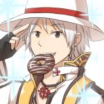  1boy arch_bishop_(ragnarok_online) bangs black_coat black_gloves brown_eyes chocolate_doughnut coat commentary_request doughnut eyebrows_visible_through_hair fingerless_gloves food food_in_mouth gloves grin jacket long_sleeves looking_at_viewer male_focus natsuya_(kuttuki) ragnarok_online salute short_hair simple_background smile solo sparkle two-finger_salute upper_body white_background white_hair white_headwear white_jacket 