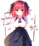  1girl absurdres arms_behind_back bangs black_dress black_ribbon blue_eyes blunt_bangs blush breasts butterfly_hair_ornament dress eyebrows_behind_hair go-toubun_no_hanayome hair_ornament happy_birthday highres large_breasts looking_at_viewer nakano_nino pink_hair qs11 ribbon shirt short_sleeves simple_background smile twintails white_background white_shirt 