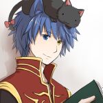  1boy :3 animal_on_head bangs black_cat black_coat blue_eyes blue_hair book cat cat_on_head closed_mouth coat commentary_request eyebrows_visible_through_hair heterochromia holding holding_book looking_at_viewer male_focus natsuya_(kuttuki) on_head priest_(ragnarok_online) ragnarok_online red_coat short_hair smile solo two-tone_coat upper_body yellow_eyes 