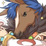  1boy bangle bangs blue_hair bracelet closed_mouth commentary_request detached_sleeves fur_collar horse_head jewelry looking_at_viewer male_focus natsuya_(kuttuki) ragnarok_online short_hair simple_background solo sorcerer_(ragnarok_online) sparkle upper_body white_background white_sleeves 