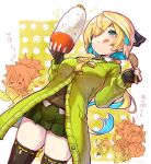  3girls :q =_= ahoge animal_ears armor blonde_hair blush boots bottle bowl breasts buttons cat_ears cat_tail chibi closed_eyes fang fingerless_gloves food fukube gloves green_hair hair_between_eyes hair_over_one_eye hair_ribbon heart holding holding_bottle holding_bowl holding_food inaba_gou large_breasts long_hair long_sleeves low_ponytail messy_hair miniskirt momijigari_kanemitsu multicolored_hair multiple_girls open_mouth pleated_skirt ponytail ribbon rice rice_bowl rice_spoon sayo_samonji_(tenka_hyakken) scarf short_hair skirt sparkle tail tenka_hyakken thigh_boots thighhighs tongue tongue_out translation_request 