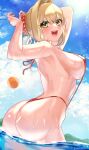  1girl :d absurdres ahoge arms_behind_head arms_up ass ball bangs bare_arms beachball bikini blonde_hair blue_sky blush braid breasts cloud cloudy_sky commentary_request cowboy_shot day eyebrows_visible_through_hair fate/extra fate_(series) flower french_braid green_eyes hair_between_eyes hair_bun hair_flower hair_intakes hair_ornament highres large_breasts looking_at_viewer looking_back nero_claudius_(fate) nero_claudius_(fate/extra) open_mouth outdoors red_bikini red_flower sky smile solo standing sun swimsuit thong_bikini wading wet yayoi_maka 