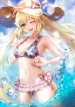  1girl artoria_pendragon_(caster)_(fate) artoria_pendragon_(fate) bangs bare_shoulders bikini blonde_hair blue_bikini blue_sky blush breasts collarbone fate/grand_order fate_(series) green_eyes hat highres long_hair looking_at_viewer medium_breasts navel nepodayo ocean one_eye_closed open_mouth sky smile solo straw_hat swimsuit thighs twintails wading 