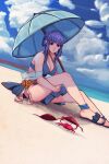  1girl absurdres alternate_costume bangs beach bikini blue_bikini blue_hair blue_swimsuit blush braid breasts brown_eyes crab crown_braid fire_emblem fire_emblem:_three_houses fire_emblem_heroes highres long_hair marianne_von_edmund official_alternate_costume parasol raichiyo33 simple_background solo swimsuit umbrella upper_body 