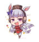  1girl :d animal_ears bangs bare_shoulders blush boots breasts brown_headwear chibi commentary_request dress ear_covers eyebrows_visible_through_hair full_body gloves gold_ship_(umamusume) grey_hair hat horse_ears horse_girl horse_tail knee_boots long_hair medium_breasts mini_hat noai_nioshi open_mouth pantyhose purple_eyes red_dress running sleeveless sleeveless_dress smile solo starry_background tail twitter_username umamusume upper_teeth v-shaped_eyebrows very_long_hair white_background white_footwear white_gloves white_legwear 