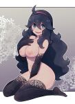  1girl @_@ alternate_breast_size black_gloves black_hair black_legwear blue_eyes blush breasts elbow_gloves full_body gloves hairband hex_maniac_(pokemon) highres lamb-oic029 large_breasts long_hair looking_at_viewer nipples nude open_mouth pokemon pokemon_(game) pokemon_xy red_hairband sitting smile solo thighhighs wariza 