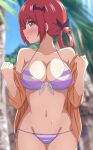  1girl absurdres bat_hair_ornament bikini blush breasts collarbone commentary eyebrows_visible_through_hair gabriel_dropout hair_ornament hair_ribbon halterneck highres large_breasts looking_at_viewer navel open_mouth outdoors poa_mellhen purple_eyes red_hair ribbon satanichia_kurumizawa_mcdowell shiny shiny_hair side-tie_bikini solo string_bikini striped striped_bikini sweat swimsuit 