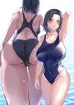  1girl aldehyde ass back bangs bare_shoulders black_hair blue_eyes blue_swimsuit blush breasts collarbone covered_navel forehead highleg highleg_swimsuit highres large_breasts looking_at_viewer one-piece_swimsuit open_mouth original parted_bangs swimsuit thighs wet 
