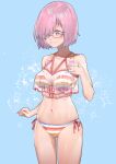  1girl absurdres bangs bare_shoulders bikini blush breasts cleavage collarbone fate/grand_order fate_(series) glasses hair_over_one_eye highres jun_(nad-j) large_breasts light_purple_hair looking_at_viewer mash_kyrielight multicolored multicolored_bikini multicolored_clothes navel purple_eyes rainbow_bikini sheer_clothes short_hair smile solo striped striped_bikini swimsuit swimsuit_of_perpetual_summer_ver.02 thighs 