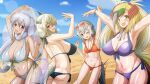  4girls :d ;d arm_up armpits arms_up ass back bangs beach bikini bird_tail bird_wings black_hair blonde_hair breasts brown_eyes cleavage day elephant_ears elephant_tail extra_ears eyebrows_visible_through_hair eyewear_on_head frilled_bikini frills front-tie_bikini front-tie_top greater_bird-of-paradise_(kemono_friends) green_hair grey_hair grey_horns hair_between_eyes hair_over_one_eye hair_ribbon hand_up head_wings heart heart-shaped_eyewear height_difference highres huge_breasts indian_elephant_(kemono_friends) kemono_friends large_breasts long_hair looking_at_viewer lowleg lowleg_bikini meerkat_(kemono_friends) meerkat_ears meerkat_tail morimasakazu multicolored_hair multiple_girls navel ocean one_eye_closed open_mouth outdoors outstretched_arm outstretched_arms ox_ears ox_girl ox_horns pose ribbon sand scarf shawl shiny shiny_skin side-tie_bikini side-tie_bottom sideboob sidelocks skindentation small_breasts smile stomach strap_gap sunglasses sweat swimsuit tail tan very_long_hair water wings yak_(kemono_friends) yellow_eyes 