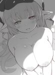  1girl :d bangs blush breast_squeeze breasts collarbone cow_girl cow_hat draph earrings eyebrows_visible_through_hair granblue_fantasy greyscale jewelry kiikii_(kitsukedokoro) large_breasts long_hair looking_at_viewer monochrome navel nipples nude open_mouth shade shatola_(granblue_fantasy) smile solo thick_eyebrows upper_body 