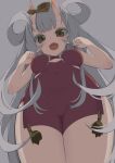  1girl :d bangs bare_arms bare_shoulders blush breasts brown_eyes china_dress chinese_clothes commentary_request covered_navel dress eyebrows_visible_through_hair fingers_to_cheeks from_below grey_background grey_hair highres horns long_hair looking_at_viewer looking_away medium_breasts ofuda oni oni_horns open_mouth original paryi red_dress simple_background sleeveless sleeveless_dress smile solo standing talisman very_long_hair 