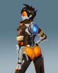  1girl absurdres android ass back commission commissioner_upload cyborg gloves glowing glowing_eyes highres jacket joints lancevl mecha mecha_musume mechanical mechanical_arms mechanical_parts overwatch robot robot_ears science_fiction shiny solo tracer_(overwatch) 