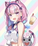  1girl :d ahoge anchor_symbol animal_ear_fluff animal_ears bangs bare_shoulders blue_hair blue_hairband blue_neckwear blue_ribbon blue_sailor_collar blush braid breasts bubble_tea cat_ears cat_girl cat_tail commentary_request crop_top crop_top_overhang cup diagonal_stripes disposable_cup drinking_straw eyebrows_visible_through_hair hairband heart hololive long_hair looking_at_viewer low_twintails medium_breasts minato_aqua multicolored_hair myuton neko_(minato_aqua) open_mouth pink_hair purple_eyes ribbon sailor_collar school_uniform serafuku shirt sleeveless sleeveless_shirt smile striped striped_background tail tail_ornament tail_ribbon twin_braids twintails twitter_username two-tone_hair upper_body virtual_youtuber white_shirt 
