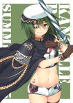  1girl absurdres adapted_costume anchor_print anchor_symbol bangs blush breasts brown_gloves cape checkered cleavage closed_mouth eyebrows_visible_through_hair eyepatch gloves green_background green_eyes green_hair hat highres holding horosuke kantai_collection kiso_(kancolle) looking_at_viewer medium_breasts midriff navel race_queen remodel_(kantai_collection) shiny shiny_hair shiny_skin short_hair shorts simple_background smile solo tattoo thighhighs umbrella zipper zipper_pull_tab 