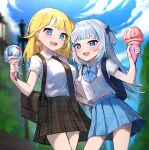  2girls :d absurdres backpack bada_(jksh5056) bag bangs black_neckwear blonde_hair blue_bow blue_eyes blue_hair blue_skirt blue_sky blurry blurry_background bow breasts brown_skirt cloud collared_shirt commentary day depth_of_field dress_shirt earrings food gawr_gura grey_hair hair_ornament heart heart_earrings highres holding holding_food hololive hololive_english ice_cream ice_cream_cone jewelry lamppost long_hair medium_breasts multicolored_hair multiple_girls necktie open_mouth outdoors pleated_skirt sharp_teeth shirt skirt sky smile streaked_hair teeth two_side_up very_long_hair virtual_youtuber watson_amelia white_shirt 
