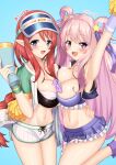  2girls :d arm_up bikini bikini_skirt bikini_under_clothes black_bikini blue_background blue_bikini blue_eyes blue_headwear blue_vest blush braid breast_press breasts cleavage collarbone commentary_request frills hair_ornament hair_rings hatsune_(princess_connect!) highres holding iseshi large_breasts long_hair looking_at_viewer megaphone misato_(princess_connect!) multiple_girls open_clothes open_mouth open_shirt pink_hair pointy_ears pom_pom_(cheerleading) princess_connect! purple_eyes red_hair shirt short_shorts short_sleeves shorts simple_background single_braid smile standing standing_on_one_leg star_(symbol) star_hair_ornament swimsuit symmetrical_docking translation_request very_long_hair vest visor_cap white_shirt white_shorts 