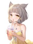  1girl absurdres adapted_costume animal_ear_fluff animal_ears bare_arms bare_shoulders blush brown_hair cat_ears chest_jewel collarbone cup disposable_cup dress drinking hair_ribbon highres holding holding_cup nia_(fancy_sundress)_(xenoblade) nia_(xenoblade) ribbon roi_(liu_tian) short_hair sidelocks simple_background sleeveless sleeveless_dress solo sundress tress_ribbon v-shaped_eyebrows white_background xenoblade_chronicles_(series) xenoblade_chronicles_2 yellow_dress yellow_eyes yellow_ribbon 