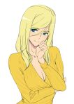  1girl alternate_costume ashiomi_masato blonde_hair blue_eyes breasts casual cleavage closed_mouth guilty_gear guilty_gear_xrd looking_at_viewer medium_hair millia_rage simple_background smile solo white_background 