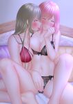  2girls bangs black_bra black_panties blush bow bow_bra bow_panties bra breasts cleavage collarbone commentary_request crotch_grab floral_print grey_hair highres large_breasts lino_(lilyparty07) long_hair multiple_girls nail navel on_bed one_eye_closed original panties pink_hair purple_eyes red_bra rose_print spread_legs underwear underwear_only yellow_eyes yuri 