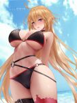  1girl ahoge azto_dio bangs bikini black_bikini blonde_hair blue_eyes blue_sky breasts choker cleavage cosplay fate/grand_order fate_(series) jeanne_d&#039;arc_(alter_swimsuit_berserker)_(fate) jeanne_d&#039;arc_(alter_swimsuit_berserker)_(fate)_(cosplay) jeanne_d&#039;arc_(fate) jeanne_d&#039;arc_(fate)_(all) large_breasts long_hair looking_at_viewer navel o-ring o-ring_bikini open_mouth red_legwear single_thighhigh sky solo swimsuit thigh_strap thighhighs thighs very_long_hair 