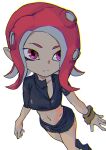  1girl ashiomi_masato bracelet breasts closed_mouth jewelry long_hair navel octarian octoling pointy_ears red_hair shirt shorts simple_background solo splatoon_(series) splatoon_2 standing suction_cups tentacle_hair white_background 