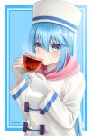  1girl absurdres aqua_(konosuba) bangs black_tea blue_background blue_hair blush cup drinking eyebrows_visible_through_hair gloves hair_between_eyes hat highres holding jacket kono_subarashii_sekai_ni_shukufuku_wo! long_hair long_sleeves looking_at_viewer nahida scarf shiny shiny_hair solo tea twitter_username white_background white_gloves white_headwear white_jacket winter_clothes 