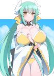  1girl akitokage01 alternate_breast_size bangs bare_shoulders bikini blue_sky blush bow breasts cleavage dragon_girl dragon_horns fate/grand_order fate_(series) green_hair highres horns huge_breasts japanese_clothes kimono kiyohime_(fate) kiyohime_(swimsuit_lancer)_(fate) long_hair long_sleeves looking_at_viewer multiple_horns off_shoulder sky smile swimsuit thighs white_kimono wide_sleeves yellow_bikini yellow_bow yellow_eyes 