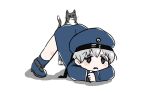  1girl arm_rest blue_dress blue_eyes blue_footwear blue_headwear blue_sailor_collar cat clothes_writing dress hands_on_ground hat jack-o&#039;_challenge kantai_collection karin_bluez3 meme sailor_collar sailor_dress sailor_hat short_hair silver_hair simple_background top-down_bottom-up unsinkable_sam white_background wide_spread_legs z1_leberecht_maass_(kancolle) 