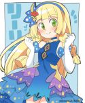  1girl bangs blonde_hair blunt_bangs blush braid commentary_request dress elbow_gloves eromame gloves green_eyes lillie_(pokemon) long_hair official_alternate_costume pokemon pokemon_(game) pokemon_masters_ex solo twin_braids 