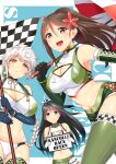  3girls absurdres adapted_costume amagi_(kancolle) armpits bangs bare_shoulders belt black_hair blue_background blue_eyes blush boots braid breasts brown_eyes brown_hair character_name checkered checkered_flag cleavage cleavage_cutout closed_mouth clothing_cutout elbow_gloves eyebrows_visible_through_hair flag flagpole flat_chest flower gloves green_legwear hair_flower hair_ornament highres holding holding_flag holding_sign holding_umbrella horosuke kantai_collection katsuragi_(kancolle) large_breasts leaf looking_at_viewer maple_leaf midriff miniskirt mole mole_under_eye multiple_girls navel open_mouth race_queen shiny shiny_hair shiny_skin shorts sign simple_background single_braid skirt sleeveless smile thigh_boots thighhighs tied_hair umbrella unryuu_(kancolle) white_hair yellow_eyes 
