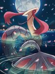  absurdres black_eyes bright_pupils colored_sclera commentary_request gen_3_pokemon highres lake looking_back luna_mokamoka milotic moon night no_humans outdoors petals pokemon pokemon_(creature) red_sclera ripples sky solo water 