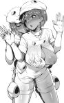  2girls aether_foundation_employee aether_foundation_uniform bangs blush breasts closed_eyes covered_navel cum eyebrows_visible_through_hair gloves greyscale hat highres hotate-chan implied_futanari looking_at_another medium_breasts monochrome multiple_girls nipples open_mouth pokemon pokemon_(game) pokemon_sm saliva sex short_hair simple_background standing white_background 