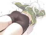  1girl ass asutora asutora-chan bike_shorts commentary cum cum_on_clothes green_jacket heavy_breathing jacket long_hair long_sleeves lying on_stomach original pussy_juice simple_background white_background white_hair 