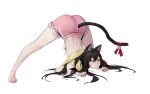  1girl :&lt; animal_ears ass bangs barefoot bell brown_eyes brown_hair cat_ears cat_girl cat_tail commentary dongho_kang flexible full_body hair_between_eyes highres jack-o&#039;_challenge long_hair looking_at_viewer looking_up meme original pink_shorts short_shorts short_sleeves shorts simple_background solo spread_legs tail top-down_bottom-up white_background 