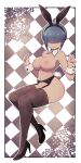  1girl bare_shoulders black_footwear border breasts brown_legwear covered_eyes facing_viewer full_body garter_belt hair_over_eyes hands_up highres lamb-oic029 large_breasts navel nipples nude original shoes sitting solo thighhighs white_border wristband 