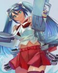  1girl blue_eyes blue_hair brown_neckwear brown_sailor_collar detached_sleeves gun hairband highres irota isuzu_(kancolle) kantai_collection long_hair machinery navel neck_ribbon pleated_skirt red_skirt remodel_(kantai_collection) ribbon sailor_collar school_uniform serafuku skirt solo twintails weapon white_hairband 