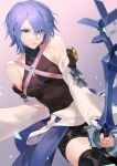  1girl aqua_(kingdom_hearts) black_legwear black_shorts blue_eyes blue_hair breasts closed_mouth cowboy_shot detached_sleeves holding holding_sword holding_weapon jagayamatarawo keyblade kingdom_hearts long_sleeves looking_at_viewer medium_breasts medium_hair pink_background shorts solo standing sword thighhighs weapon wide_sleeves 