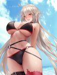  1girl ahoge azto_dio bangs bikini black_bikini blue_sky breasts choker cleavage fate/grand_order fate_(series) jeanne_d&#039;arc_(alter_swimsuit_berserker)_(fate) jeanne_d&#039;arc_(fate)_(all) large_breasts long_hair looking_at_viewer navel o-ring o-ring_bikini open_mouth red_legwear revision silver_hair single_thighhigh sky smile solo swimsuit thigh_strap thighhighs thighs very_long_hair yellow_eyes 