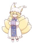  1girl blonde_hair blue_tabard blush chibi commentary_request dress eyebrows_visible_through_hair fox_tail full_body hands_in_opposite_sleeves hat light_smile looking_at_viewer multiple_tails pillow_hat pointy_hat poronegi raised_eyebrows short_hair simple_background solo tail touhou white_background white_dress white_footwear yakumo_ran yellow_eyes 
